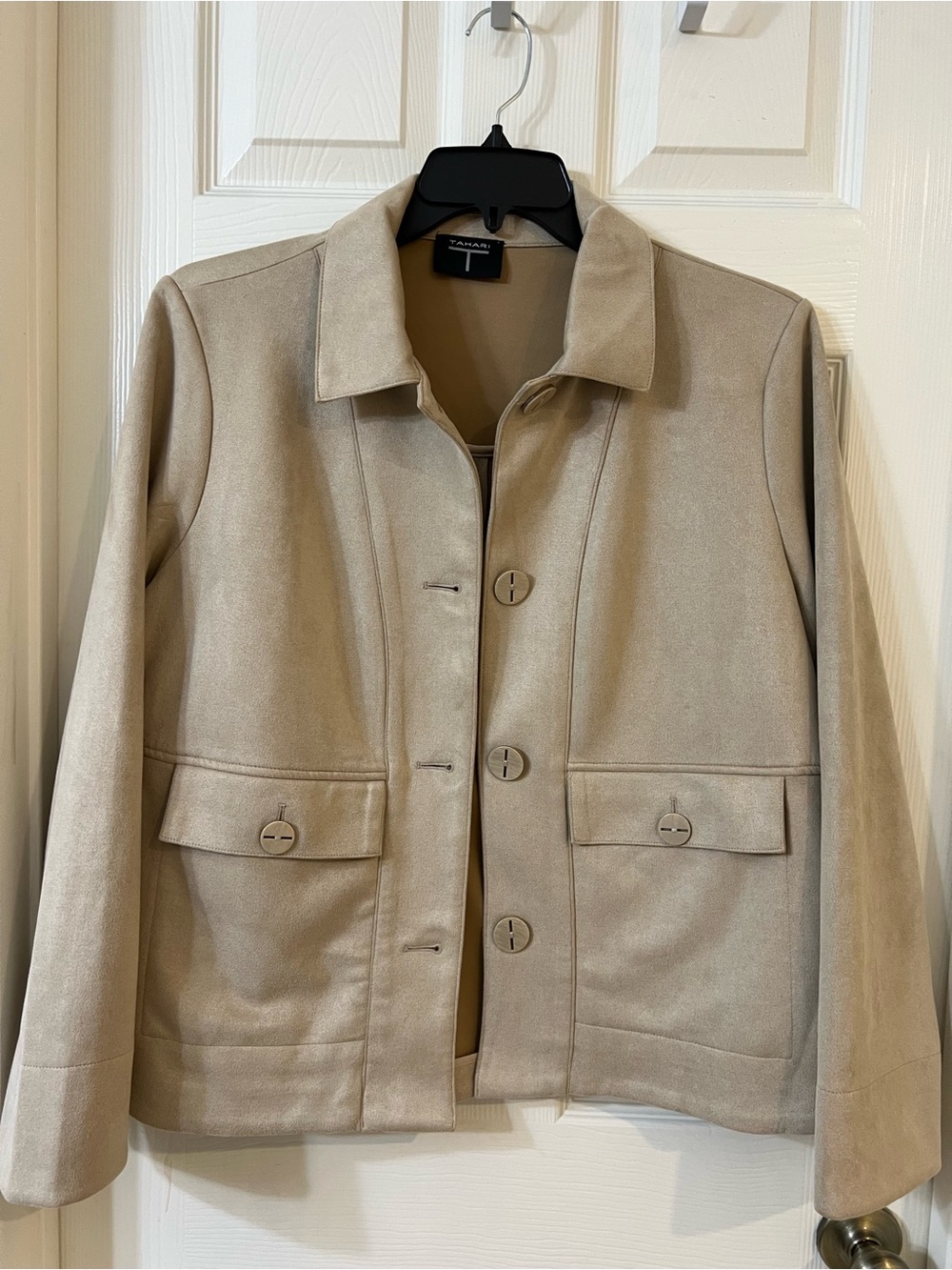 Tahari Taupe Button-Front Suede-Effect Jacket